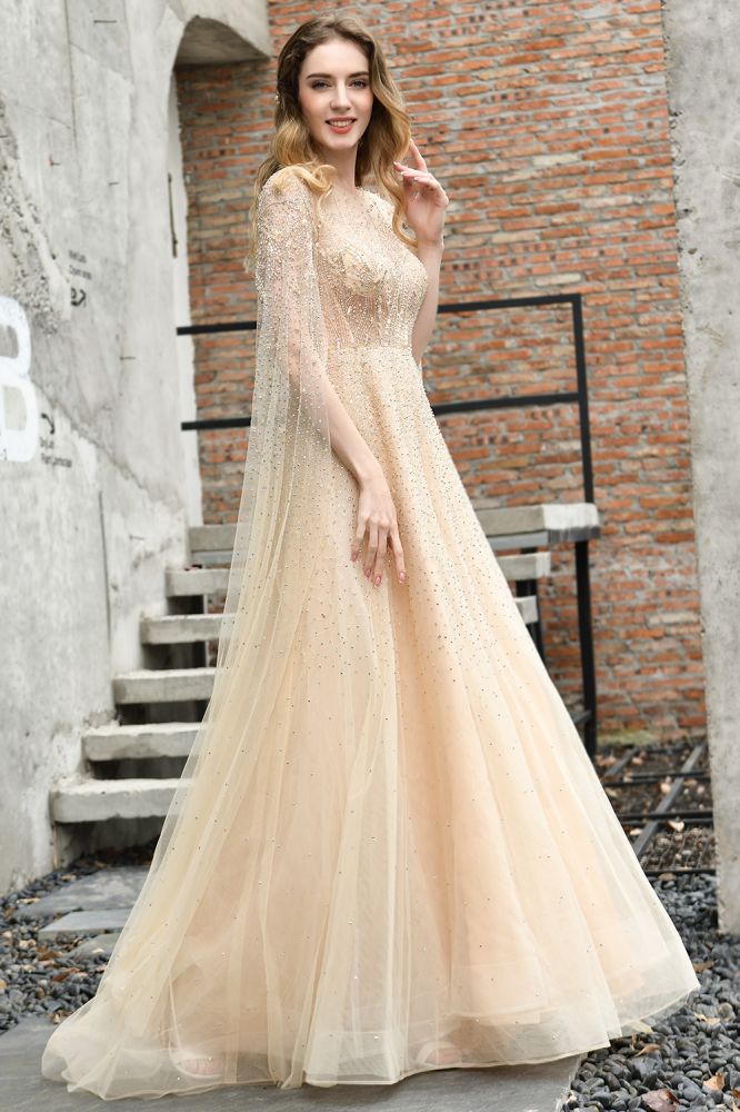 Looking for Prom Dresses,Evening Dresses,Homecoming Dresses,Quinceanera dresses in Tulle, A-line style, and Gorgeous Beading work  MISSHOW has all covered on this elegant Charming Tulle Floor Length Evening Party Dress Sparkly Beads Prom Dress with Back Cape.