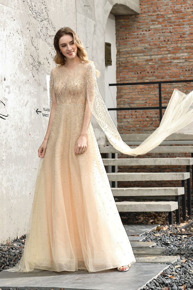 Looking for Prom Dresses,Evening Dresses,Homecoming Dresses,Quinceanera dresses in Tulle, A-line style, and Gorgeous Beading work  MISSHOW has all covered on this elegant Charming Tulle Floor Length Evening Party Dress Sparkly Beads Prom Dress with Back Cape.