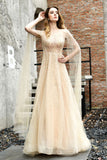 Charming Tulle Floor Length Evening Party Dress Sparkly Beads Prom Dress with Back Cape