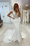 Charming V-neck Lace Sleeveless Mermaid Wedding Dress With Train-misshow.com
