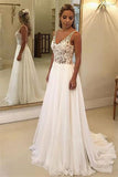 Charming V-Neck Sleeveless Appliques A-Line Floor-Length Wedding Dresses-misshow.com