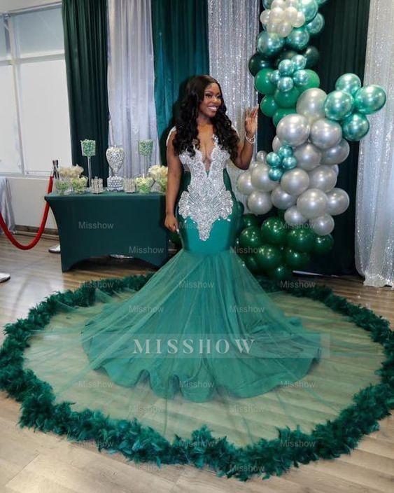 Sexy V-neck Sleeveless Mermaid Crepe Long Prom Dresses With Slit Online, OL467