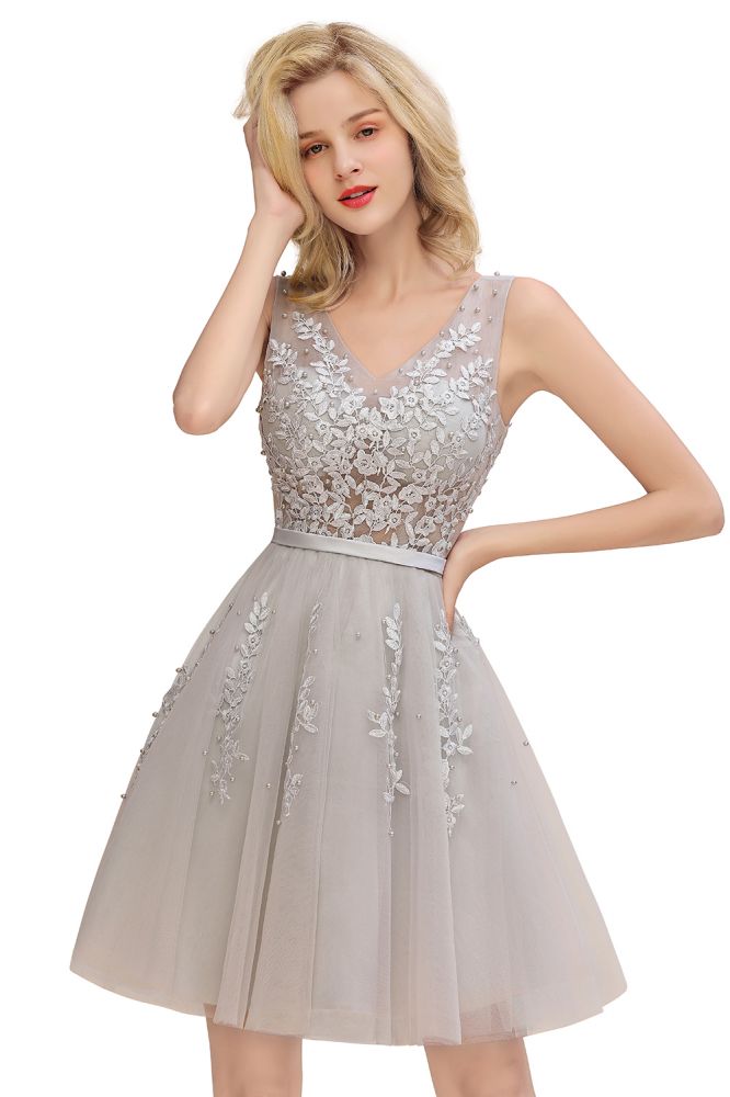 MISSHOW offers Charming V-Neck Tulle Lace Appliques Short Homecoming Dress Aline Backless Party Dress at a good price from Pearl Pink,Dusty Rose,Burgundy,Dark Navy,Silver,Tulle to A-line Mini,Knee-length them. Stunning yet affordable Sleeveless Prom Dresses,Evening Dresses,Homecoming Dresses,Bridesmaid Dresses,Quinceanera dresses.