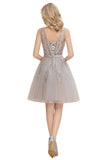 MISSHOW offers Charming V-Neck Tulle Lace Appliques Short Homecoming Dress Aline Backless Party Dress at a good price from Pearl Pink,Dusty Rose,Burgundy,Dark Navy,Silver,Tulle to A-line Mini,Knee-length them. Stunning yet affordable Sleeveless Prom Dresses,Evening Dresses,Homecoming Dresses,Bridesmaid Dresses,Quinceanera dresses.