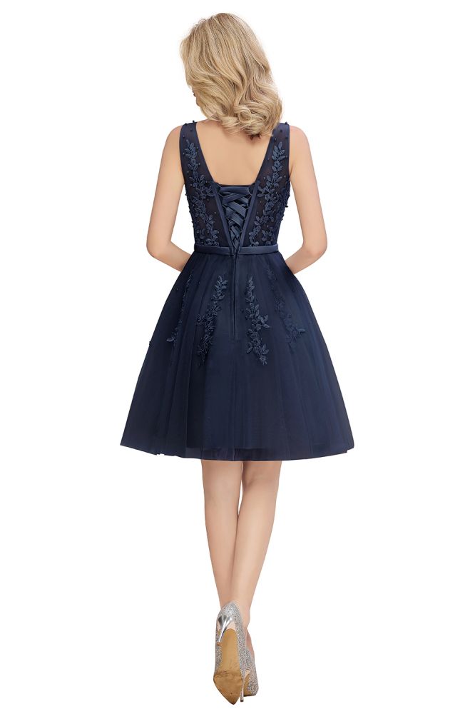 MISSHOW offers Charming V-Neck Tulle Lace Appliques Short Homecoming Dress Aline Backless Party Dress at a good price from Pearl Pink,Dusty Rose,Burgundy,Dark Navy,Silver,Tulle to A-line Mini,Knee-length them. Stunning yet affordable Sleeveless Prom Dresses,Evening Dresses,Homecoming Dresses,Bridesmaid Dresses,Quinceanera dresses.
