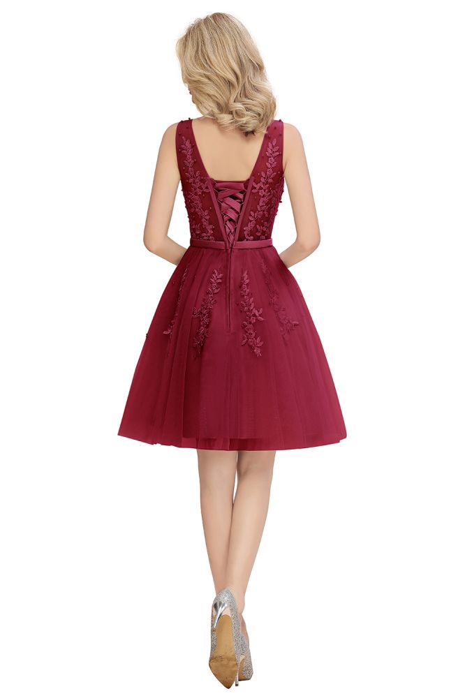 MISSHOW offers Charming V-Neck Tulle Lace Appliques Short Homecoming Dress Aline Backless Party Dress at a good price from Pearl Pink,Dusty Rose,Burgundy,Dark Navy,Silver,Tulle to A-line Mini,Knee-length them. Stunning yet affordable Sleeveless Prom Dresses,Evening Dresses,Homecoming Dresses,Bridesmaid Dresses,Quinceanera dresses.