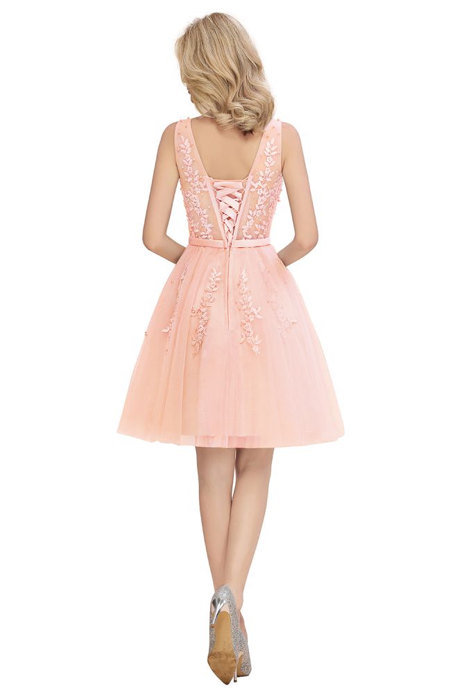 MISSHOW offers Charming V-Neck Tulle Lace Appliques Short Homecoming Dress Aline Backless Party Dress at a good price from Pearl Pink,Dusty Rose,Burgundy,Dark Navy,Silver,Tulle to A-line Mini,Knee-length them. Stunning yet affordable Sleeveless Prom Dresses,Evening Dresses,Homecoming Dresses,Bridesmaid Dresses,Quinceanera dresses.