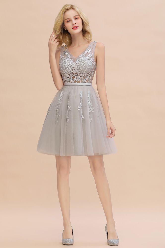 MISSHOW offers Charming V-Neck Tulle Lace Appliques Short Homecoming Dress Aline Backless Party Dress at a good price from Pearl Pink,Dusty Rose,Burgundy,Dark Navy,Silver,Tulle to A-line Mini,Knee-length them. Stunning yet affordable Sleeveless Prom Dresses,Evening Dresses,Homecoming Dresses,Bridesmaid Dresses,Quinceanera dresses.