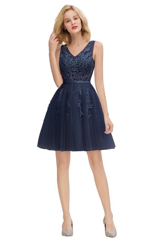 MISSHOW offers Charming V-Neck Tulle Lace Appliques Short Homecoming Dress Aline Backless Party Dress at a good price from Pearl Pink,Dusty Rose,Burgundy,Dark Navy,Silver,Tulle to A-line Mini,Knee-length them. Stunning yet affordable Sleeveless Prom Dresses,Evening Dresses,Homecoming Dresses,Bridesmaid Dresses,Quinceanera dresses.