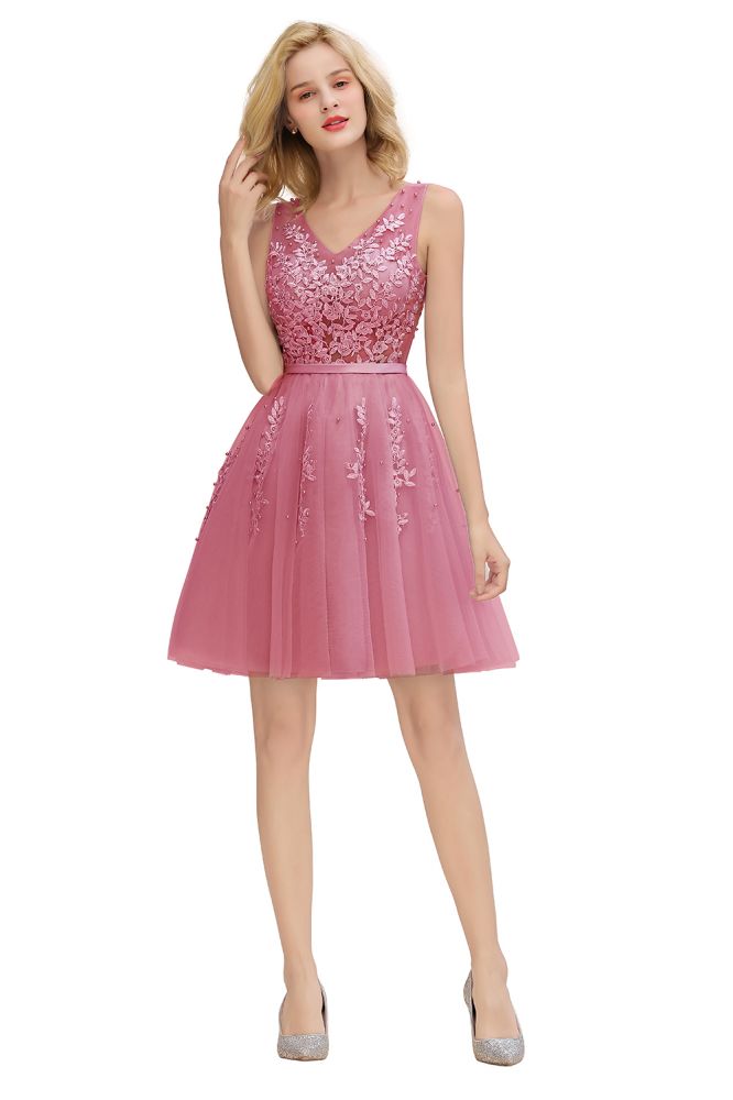 MISSHOW offers Charming V-Neck Tulle Lace Appliques Short Homecoming Dress Aline Backless Party Dress at a good price from Pearl Pink,Dusty Rose,Burgundy,Dark Navy,Silver,Tulle to A-line Mini,Knee-length them. Stunning yet affordable Sleeveless Prom Dresses,Evening Dresses,Homecoming Dresses,Bridesmaid Dresses,Quinceanera dresses.