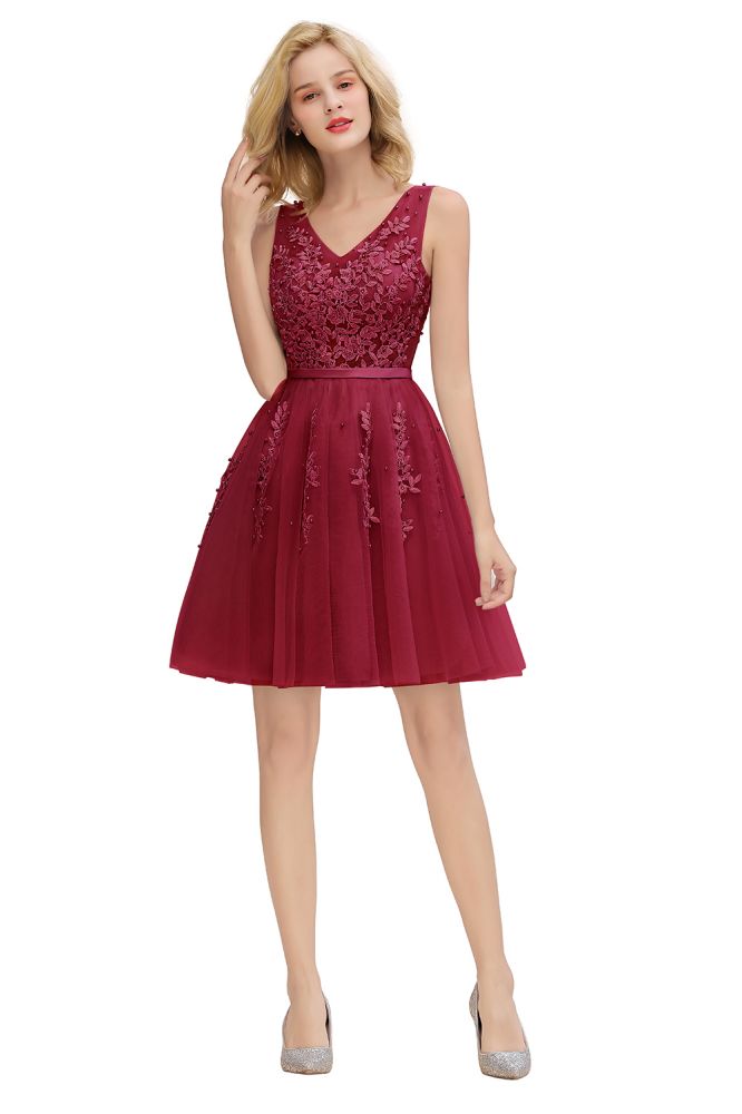MISSHOW offers Charming V-Neck Tulle Lace Appliques Short Homecoming Dress Aline Backless Party Dress at a good price from Pearl Pink,Dusty Rose,Burgundy,Dark Navy,Silver,Tulle to A-line Mini,Knee-length them. Stunning yet affordable Sleeveless Prom Dresses,Evening Dresses,Homecoming Dresses,Bridesmaid Dresses,Quinceanera dresses.