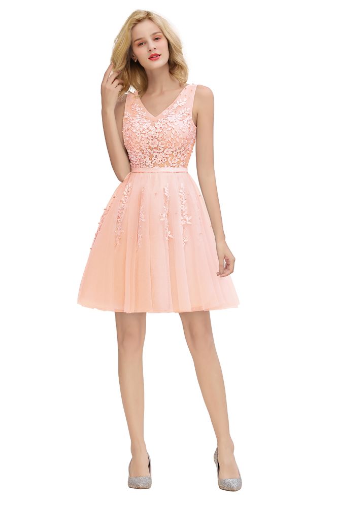 MISSHOW offers Charming V-Neck Tulle Lace Appliques Short Homecoming Dress Aline Backless Party Dress at a good price from Pearl Pink,Dusty Rose,Burgundy,Dark Navy,Silver,Tulle to A-line Mini,Knee-length them. Stunning yet affordable Sleeveless Prom Dresses,Evening Dresses,Homecoming Dresses,Bridesmaid Dresses,Quinceanera dresses.