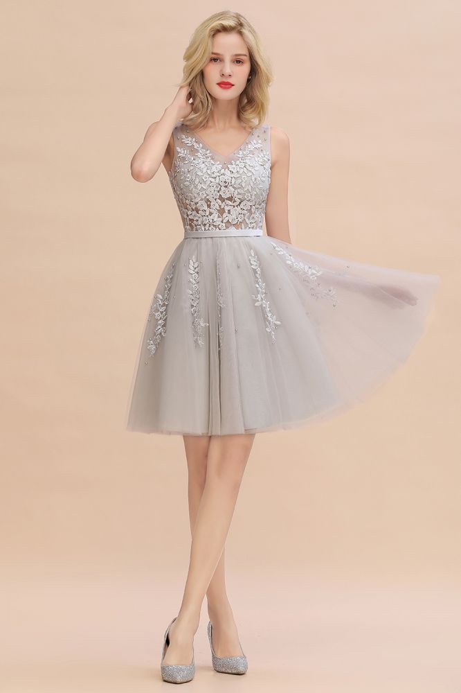 MISSHOW offers Charming V-Neck Tulle Lace Appliques Short Homecoming Dress Aline Backless Party Dress at a good price from Pearl Pink,Dusty Rose,Burgundy,Dark Navy,Silver,Tulle to A-line Mini,Knee-length them. Stunning yet affordable Sleeveless Prom Dresses,Evening Dresses,Homecoming Dresses,Bridesmaid Dresses,Quinceanera dresses.