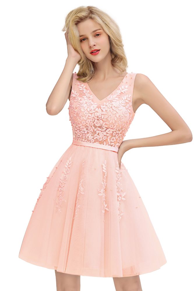 MISSHOW offers Charming V-Neck Tulle Lace Appliques Short Homecoming Dress Aline Backless Party Dress at a good price from Pearl Pink,Dusty Rose,Burgundy,Dark Navy,Silver,Tulle to A-line Mini,Knee-length them. Stunning yet affordable Sleeveless Prom Dresses,Evening Dresses,Homecoming Dresses,Bridesmaid Dresses,Quinceanera dresses.