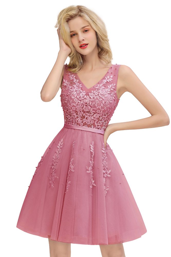 MISSHOW offers Charming V-Neck Tulle Lace Appliques Short Homecoming Dress Aline Backless Party Dress at a good price from Pearl Pink,Dusty Rose,Burgundy,Dark Navy,Silver,Tulle to A-line Mini,Knee-length them. Stunning yet affordable Sleeveless Prom Dresses,Evening Dresses,Homecoming Dresses,Bridesmaid Dresses,Quinceanera dresses.