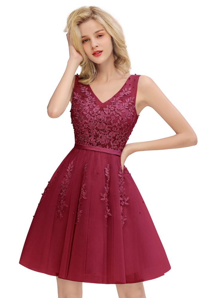 MISSHOW offers Charming V-Neck Tulle Lace Appliques Short Homecoming Dress Aline Backless Party Dress at a good price from Pearl Pink,Dusty Rose,Burgundy,Dark Navy,Silver,Tulle to A-line Mini,Knee-length them. Stunning yet affordable Sleeveless Prom Dresses,Evening Dresses,Homecoming Dresses,Bridesmaid Dresses,Quinceanera dresses.