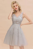 Charming V-Neck Tulle Lace Appliques Short Homecoming Dress Aline Backless Party Dress