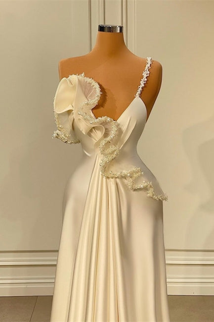 Charming White Asymmetrical Satin Prom Dress with Ruffles-misshow.com