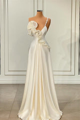 Charming White Asymmetrical Satin Prom Dress with Ruffles-misshow.com