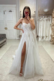 Chic A-line Spaghetti Straps Lace Tulle Sleeveless Wedding Dress With Slit-misshow.com