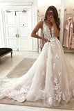 Chic A-line Straps V-neck Sleeveless Appliques Wedding Dress With Lace