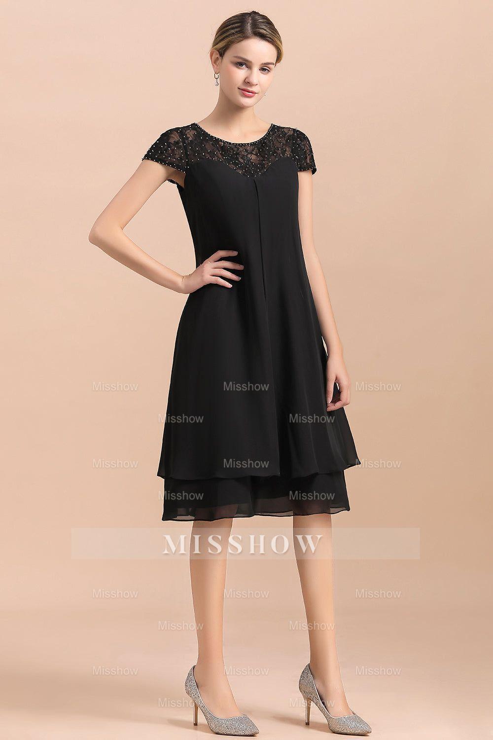 Chic Black Cap Sleeve Mother of Bride Dress Chiffon Short Wedding Party Gowns Chic Black Cap Sleeve Mother of Bride Dress Chiffon Short Wedding Party Gowns