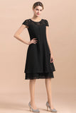 Chic Black Cap Sleeve Mother of Bride Dress Chiffon Short Wedding Party Gowns-misshow.com