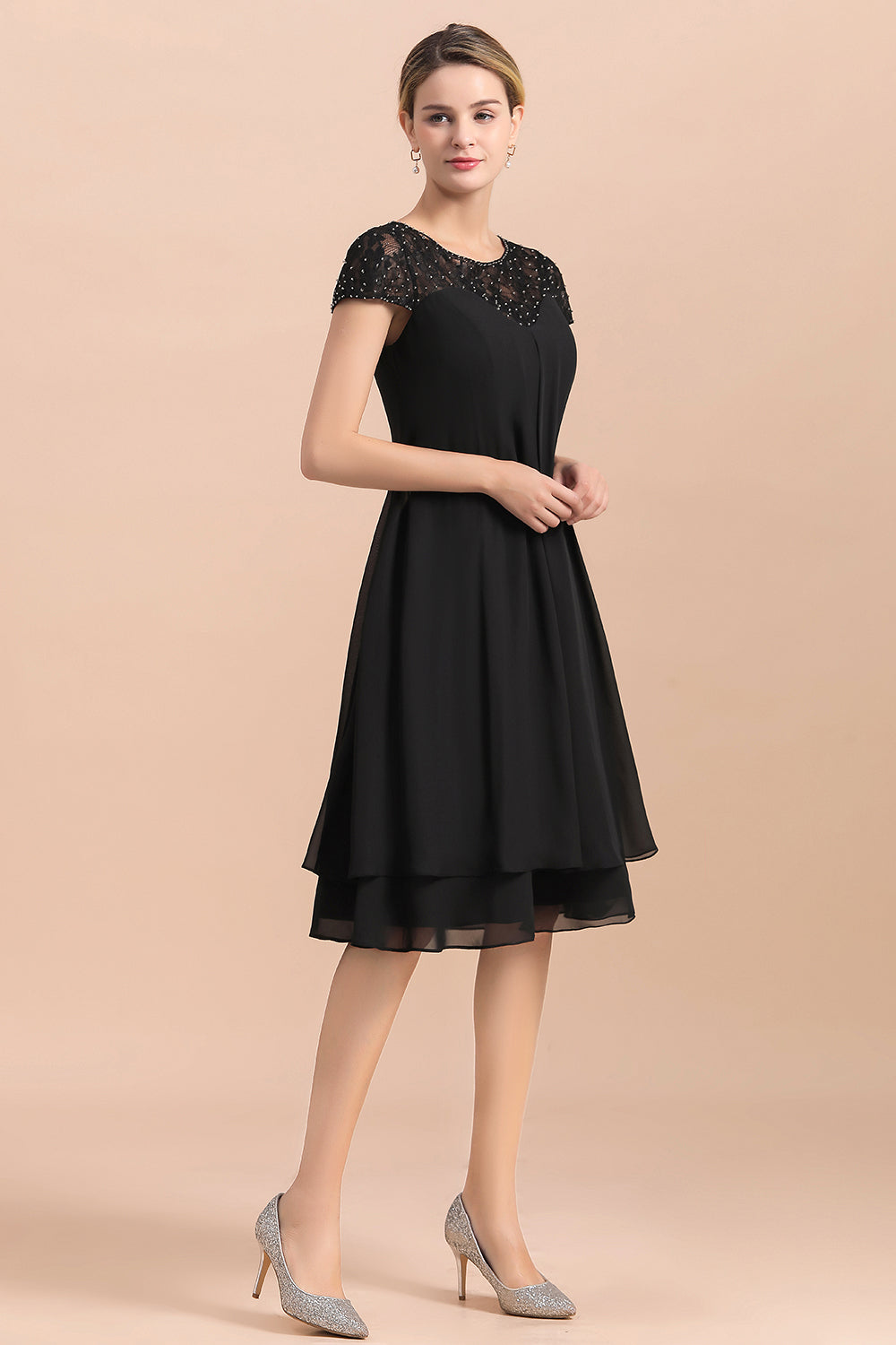 black short wedding dress Chic Black Cap Sleeve Mother of Bride Dress Chiffon Short Wedding Party Gowns