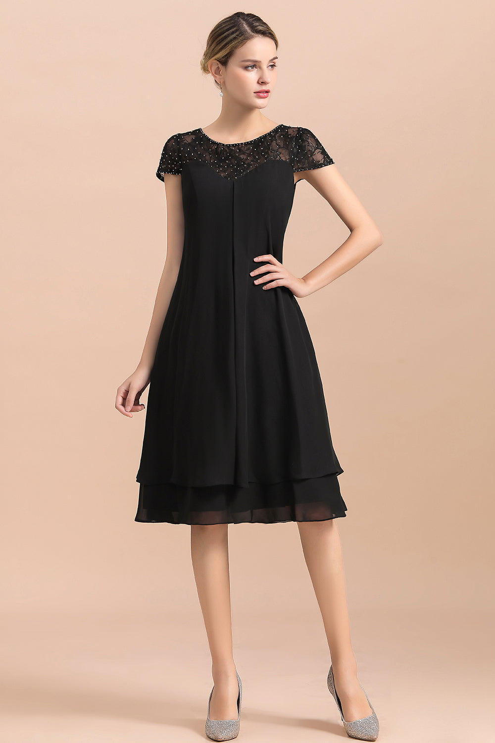 black short wedding dress Chic Black Cap Sleeve Mother of Bride Dress Chiffon Short Wedding Party Gowns
