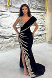 Chic Black Floor Length Sleeveless Mermaid Prom Dress with Split
