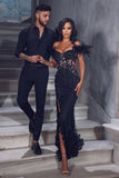 Chic Black Floor Length Sleeveless Off-The-Shoulder Mermaid Lace Prom Dress with Split