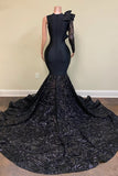 Chic Black Long Sleeve Asymmetrical Floor Length Mermaid Prom Dress-misshow.com
