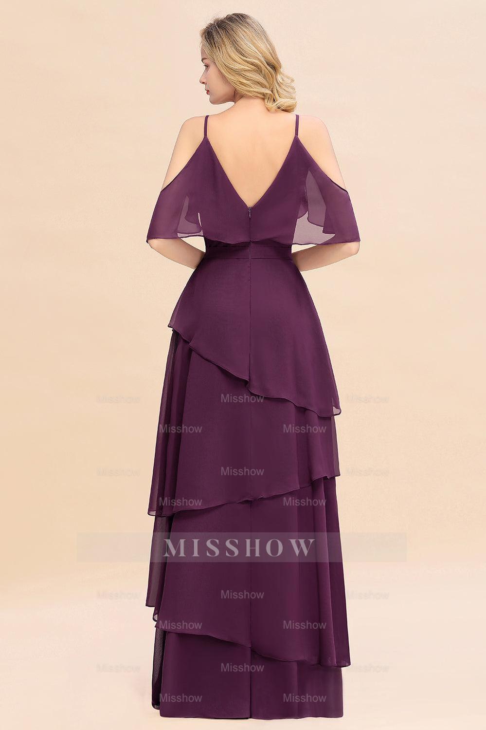 Chic Cold-Shoulder Layers Grape Chiffon Bridesmaid Dresses Affordable misshow.com Chic Cold-Shoulder Layers Grape Chiffon Bridesmaid Dresses Affordable misshow.com