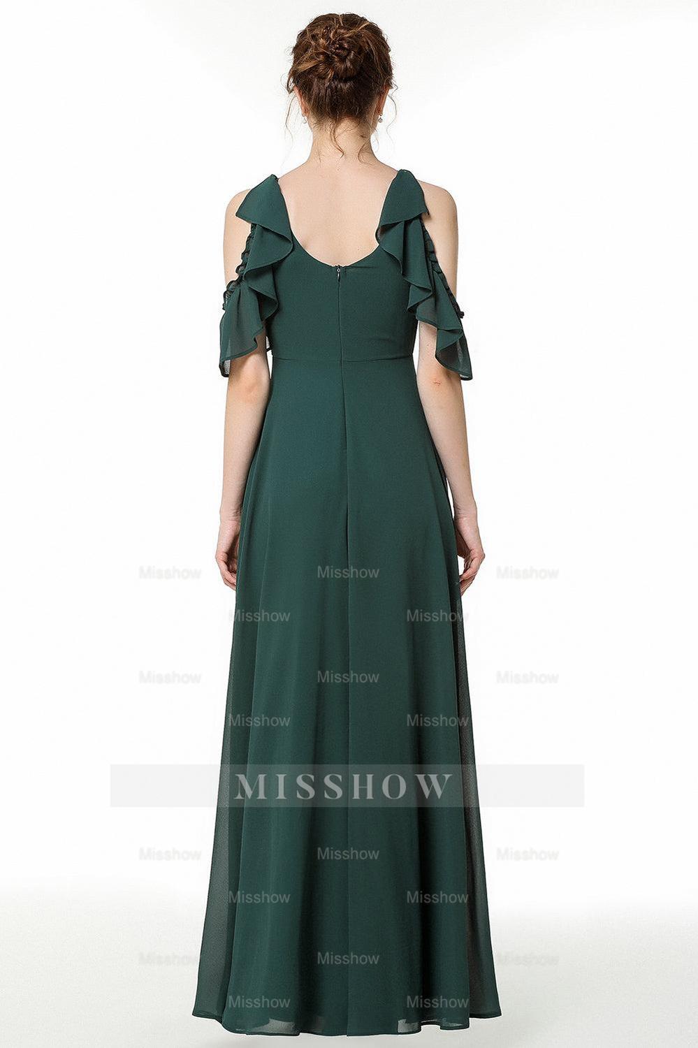 Chic Cold-shoulder Ruffle Dark Green Chiffon Bridesmaid dresses Chic Cold-shoulder Ruffle Dark Green Chiffon Bridesmaid dresses