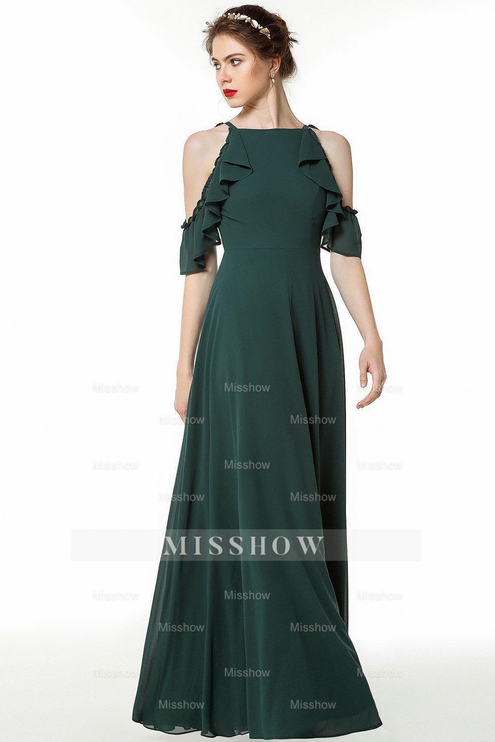 Chic Cold-shoulder Ruffle Dark Green Chiffon Bridesmaid dresses misshow.com Chic Cold-shoulder Ruffle Dark Green Chiffon Bridesmaid dresses misshow.com