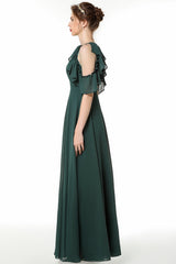 Chic Cold-shoulder Ruffle Dark Green Chiffon Bridesmaid dresses