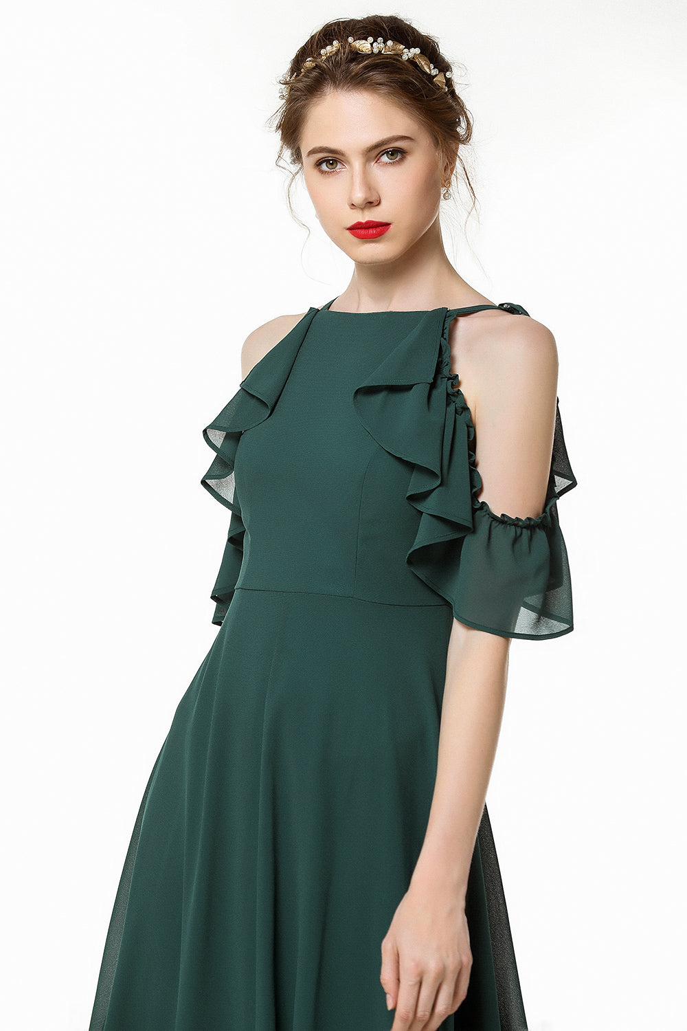 Chic Cold-shoulder Ruffle Dark Green Chiffon Bridesmaid dresses
