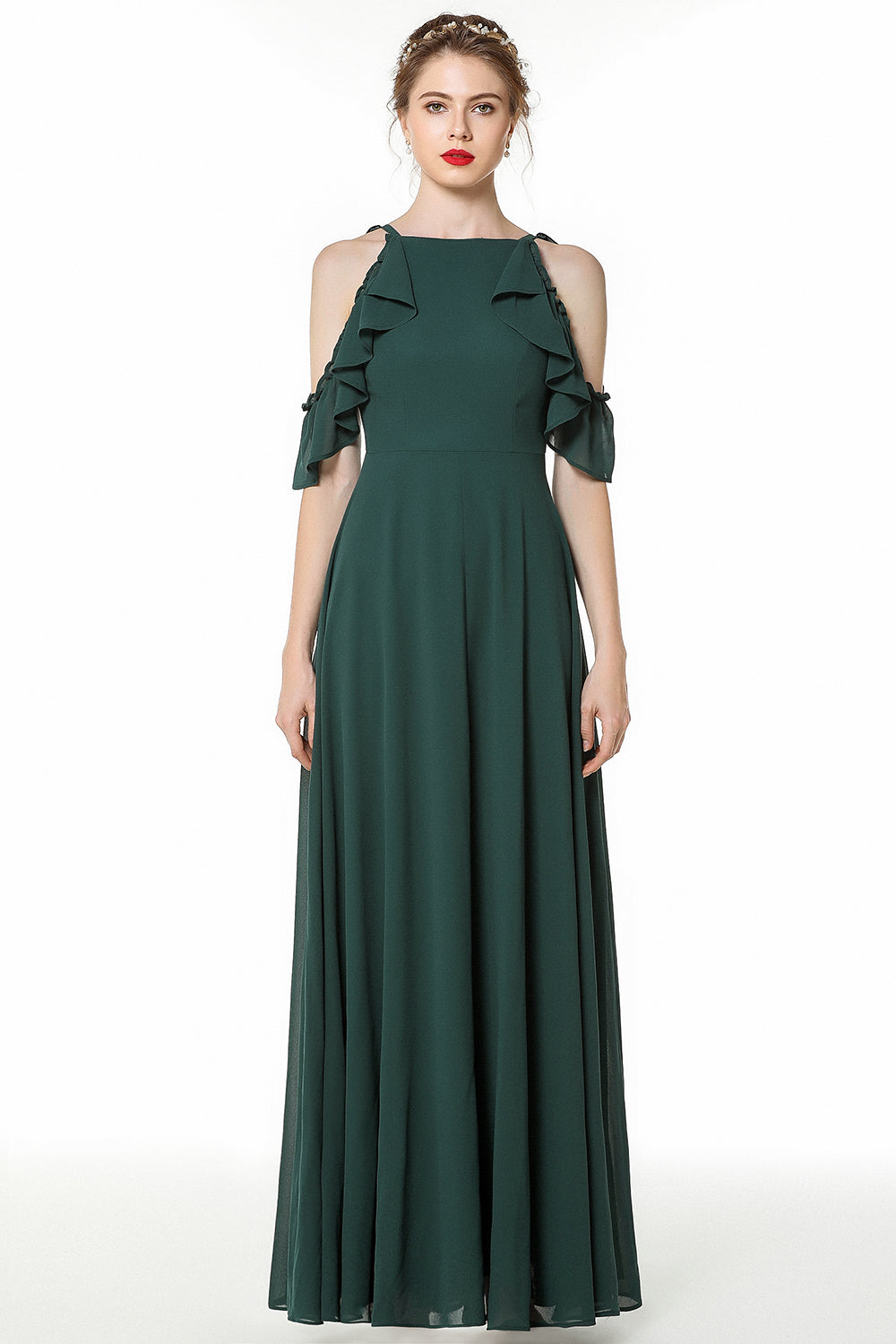 Chic Cold-shoulder Ruffle Dark Green Chiffon Bridesmaid dresses Chic Cold-shoulder Ruffle Dark Green Chiffon Bridesmaid dresses