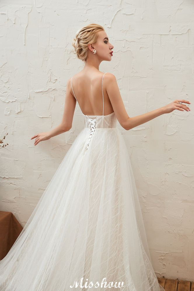 MISSHOW offers Chic Deep V-Neck White Tulle Princess Open Back Wedding Dress with Court Train at a good price from Ivory,Tulle to A-line Floor-length them. Stunning yet affordable Sleeveless .
