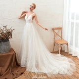 MISSHOW offers Chic Deep V-Neck White Tulle Princess Open Back Wedding Dress with Court Train at a good price from Ivory,Tulle to A-line Floor-length them. Stunning yet affordable Sleeveless .