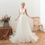 MISSHOW offers Chic Deep V-Neck White Tulle Princess Open Back Wedding Dress with Court Train at a good price from Ivory,Tulle to A-line Floor-length them. Stunning yet affordable Sleeveless .