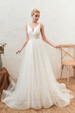 Chic Deep V-Neck White Tulle Princess Open Back Wedding Dress with Court Train