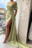 Chic Floor Length Portrait A Line Satin Prom Dress with Ruffles-misshow.com