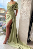 Chic Floor Length Portrait A Line Satin Prom Dress with Ruffles