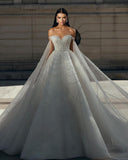 Chic Floor Length Sweetheart Off-The-Shoulder A-Line Sequined Wedding Dress-misshow.com