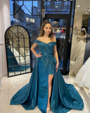 Chic Floor Length Sweetheart Off-The-Shoulder Sheath Ribbon Prom Dress with Appliques-misshow.com