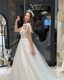 Chic Floor Length Sweetheart Sleeveless A-Line Tulle Wedding Dress with Appliques-misshow.com