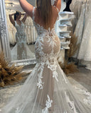 Chic Floor Length V-Neck Sleeveless Mermaid Lace Wedding Dress with Chapel Train-misshow.com