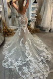 Chic Floor Length V-Neck Sleeveless Mermaid Lace Wedding Dress with Chapel Train