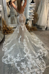 Chic Floor Length V-Neck Sleeveless Mermaid Lace Wedding Dress with Chapel Train-misshow.com